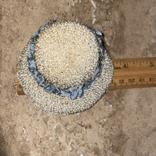 Vintage Sweet Mini Doll Hat Straw  Lace For Dolls Or Bears Blue