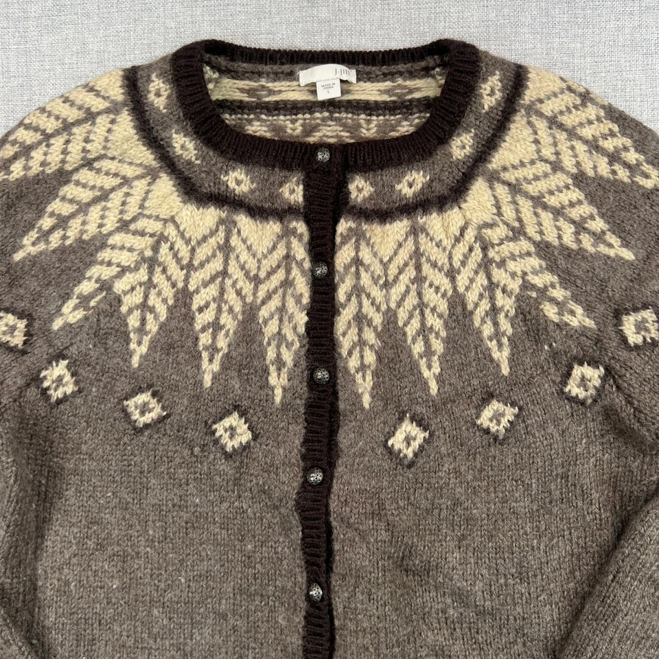 J Jill Cárdigan Suéter Mujer L Marrón Crema Lana Nórdico Tejido Botón Casa Acogedor Foto 2 de 4