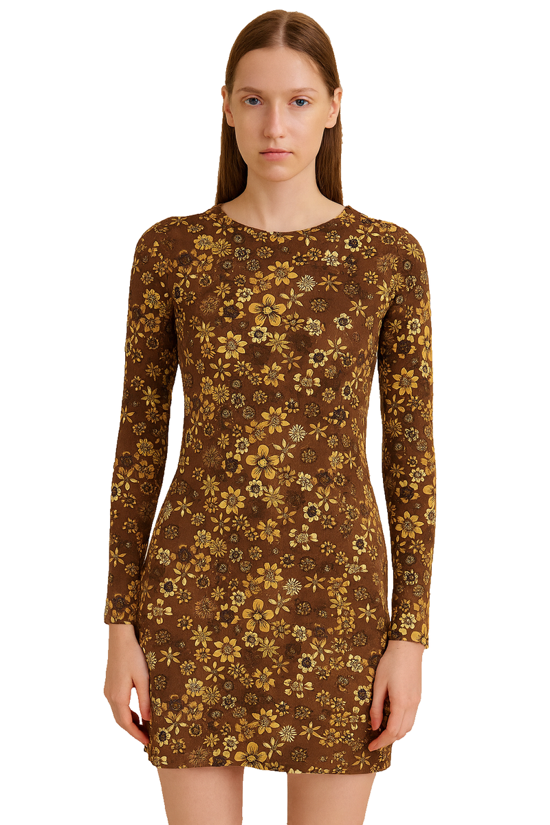 brown dress boohoo Matilda Smocked Midi Dress  Brown Floral