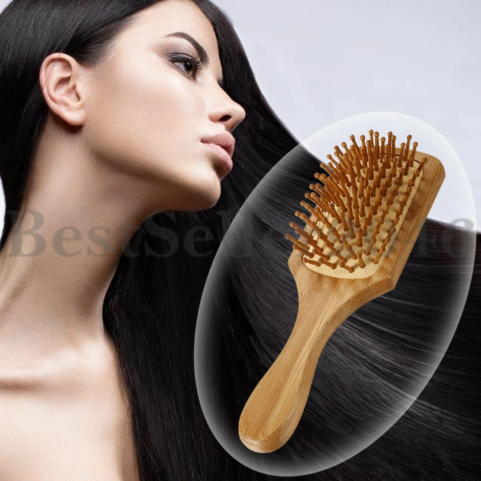 Handmade Natural Wooden Massage Head Scalp Straight Curly Hair Vent Brush Comb - Image 2 of 4