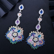 Women Boho Ethnic Silver Plated Colorful Cubic Zircon Long Drop Dangle Earrings