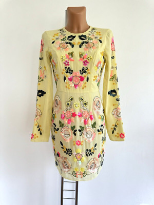 Needle & Thread Embellished Sequin  Floral Yellow Women Dress Size 36 UK8 US4