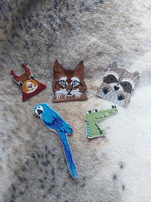 Tierkopf Bügelflicken Eichhörnchen, Katze, Waschbär, Papagei & Krokodil