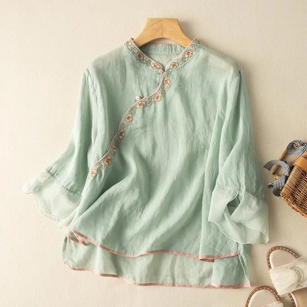 Women Chinese Ethnic Tops Shirts Blouse Retro Embroidery Tee