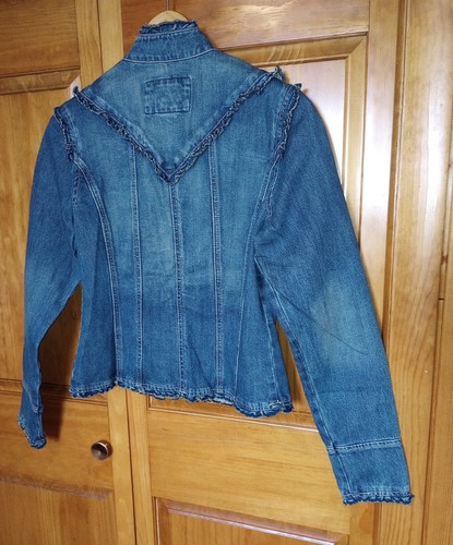 Denim Jacket ruffle trim big clasps Womens Med. Boho IRL measures below Unlined - Picture 18 of 20