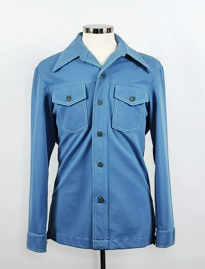 Andhurst Blue 1970s Tapered Collar Button Front Shirt Men's Size 46R