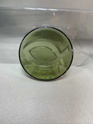 Blenko Art Glass Green Disk With Christian Fish Embossed Paperweight 4”