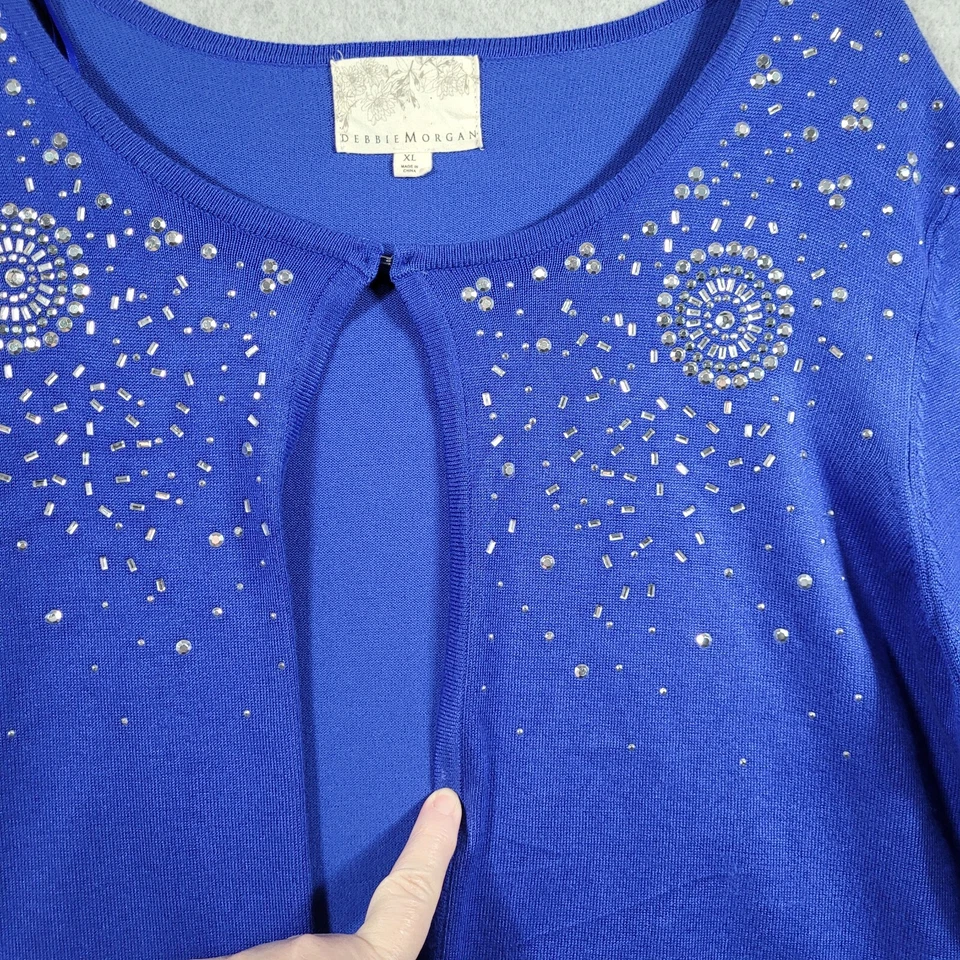 Cardigã feminino Debbie Morgan XL azul mistura de rayon cravejado manga longa gancho e olho - Imagem 4 de 4