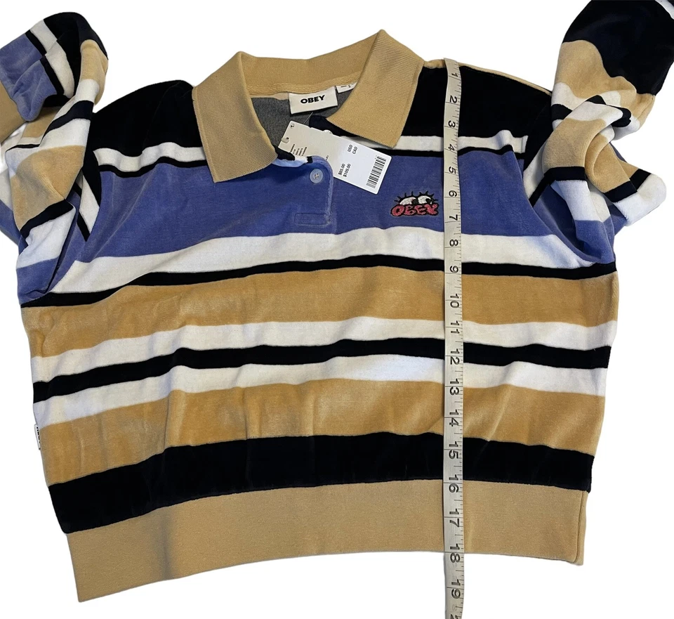 Camisa Polo Pullover Obey Terciopelo Recortado Pequeñas Rayas Mangas Largas Para Mujer’s Foto 4 de 4