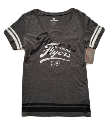 NHL Level Wear Philadelphia Flyers Womens V-neck T-shirt L SLIM Gray Black NWT