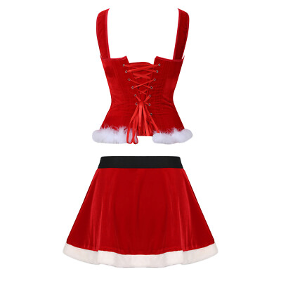 Women's Mrs. Claus Santa Costume Faux Fur Trimming Corset Tops with Mini  Skirt | eBay