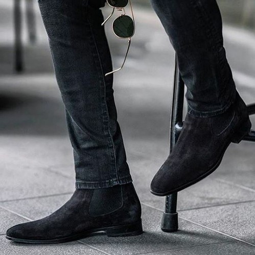 Handmade men ash black Chelsea round toe dress boots, real suede office  boots | eBay