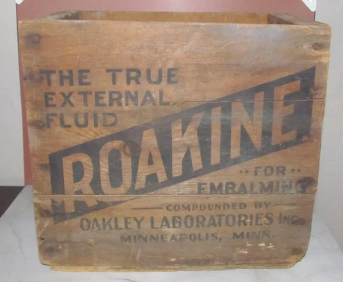 Antique ROAKINE Embalming Fluid Oakley Laboratories Wood Crate Minneapolis, MN