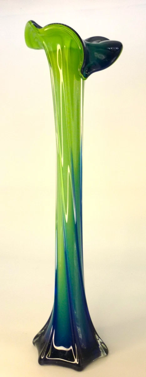 VASE EN VERRE soufflé à la main bleu avec fleur rouge - Art déco EUR 18,00 - FR