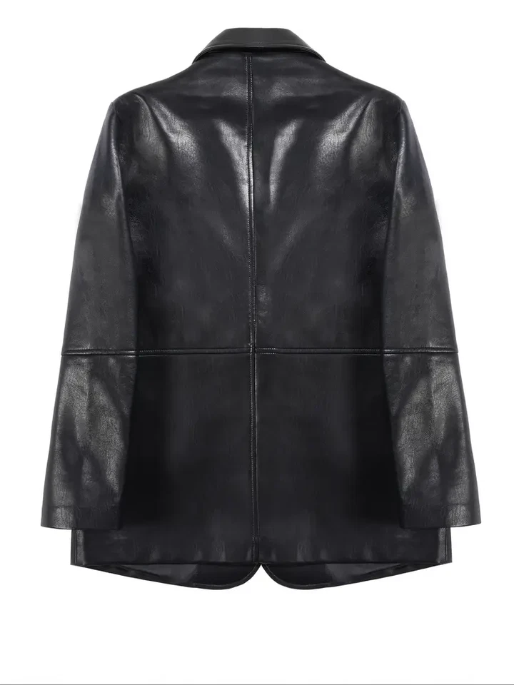 Women’s Black Genuine Lamb Leather Blazer 2 Button Coat Relax Fit Classic Style - Image 4 of 4