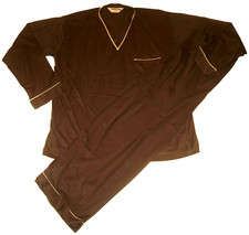 Men's VtG 60s MUNSINGWEAR Brown-White Piping 2Pc Long Sleeve Pajamas Set XL USA