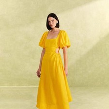 NWOT Farm Rio Linen Beads Puff-Sleeve Cutout Midi Dress Yellow Size XL