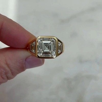 Engagement 14k Yellow Gold Diamond Ring Asscher Lab Grown 3.50 Ct IGI E F VVS2