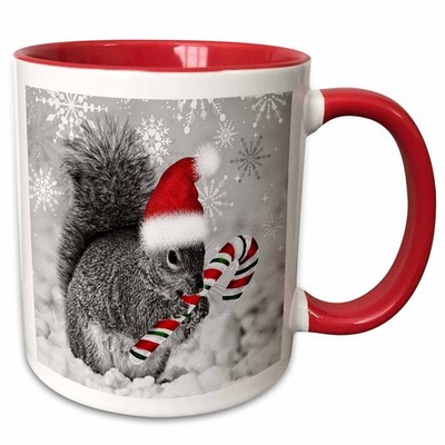 3dRose Cute Christmas Squirrel Mug Candy Cane Santa Hat Snow 15oz Two-Tone Red