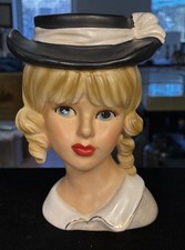 Vintage Relpo K1837 Lady Head Vase Black Hat Gray Dress