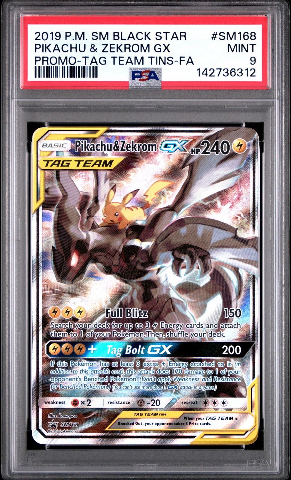 2019 POKEMON SM BLACK STAR PROMO #SM168 FULL ART/PIKACHU & ZEKROM GX PSA 9