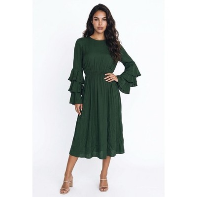 S/W/F Tier Ruffle Sleeve Midi Dress Women Small Green Boho Romantic Cottagecore