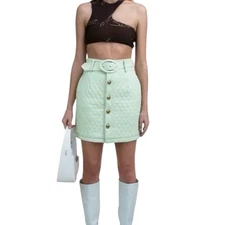 House Of Sunny Mid Century Quilt Skirt Pistachio Sz 8 NWD Vegan Leather Regency