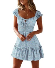 YOBECHO Womens Summer Sweetheart Neckline Printed Ruffle Small, Light Blue