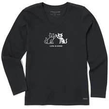 Life is Good. Women's High Five Cats Long Sleeve Crusher-LITE Vee, Faded Black
