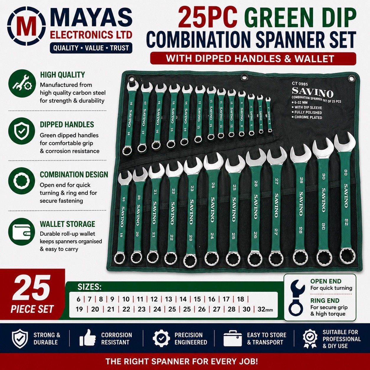 Savino 25pc Combination Spanner Set - Sizes 6-32mm - Ergonomic PVC Dipped Handle