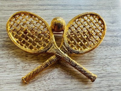 Vintage RJ Graziano Tennis Racquet Brooch Pendant Gold Toned - Never WORN