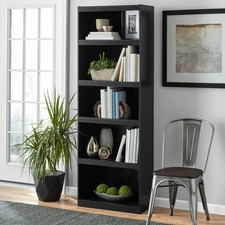 Framed 5-Shelf Bookcase W/ Adjustable Shelves True Black Oak