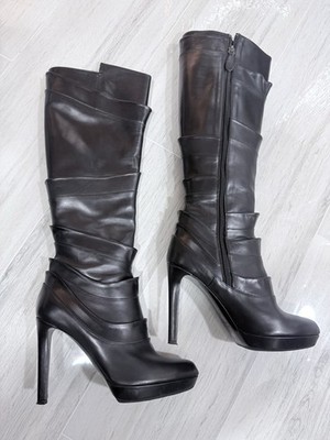 $2590 JIL SANDER Armadillo high heel platform Black Leather Knee-High Boots 38