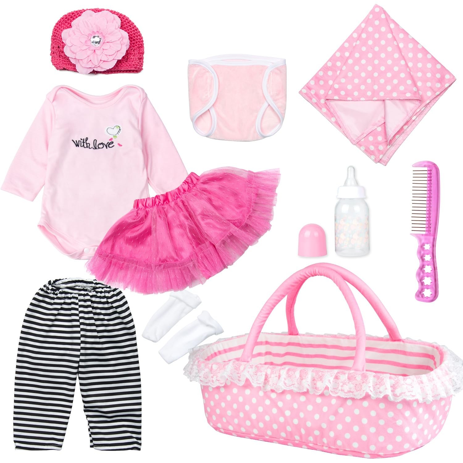 10 Pcs Reborn Baby Doll Clothes Girl with Bassinet Accessori