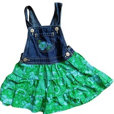Vintage Oshkosh B'gosh Denim Bin Overall Dress Embroidered 3T Blue Green Snap...