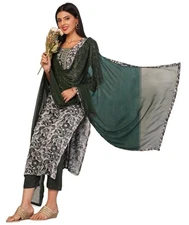 GoSriKi Women's Cotton Blend Straight Printed Kurta with Pant & Dupatta