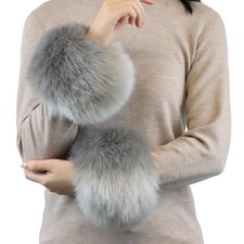 Winter Women Fuzzy Arm Warmers Girls Faux Fur Short Wrist Medium Light Gray