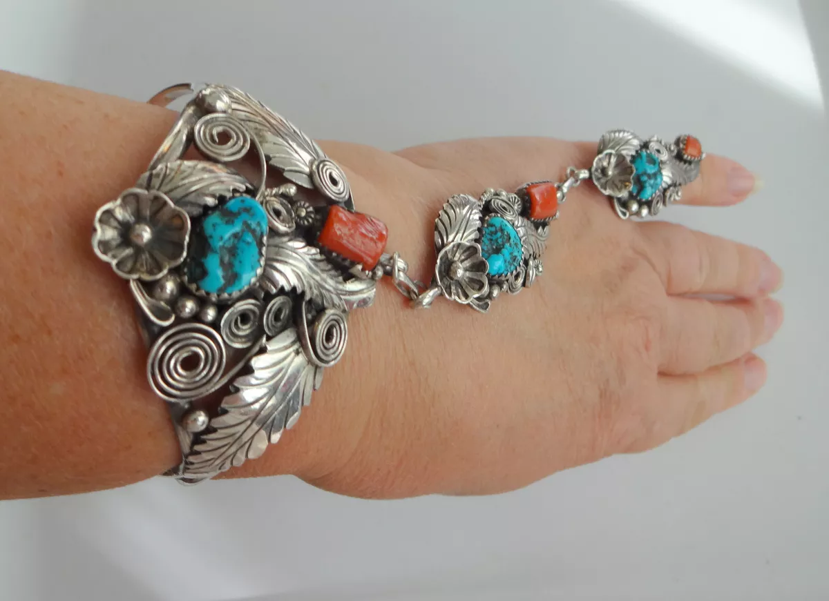 Dynamic Navajo Coral Sterling Silver Slave Bracelet Native American Dynamic Navajo Coral Sterling Silver Slave Bracelet Native American