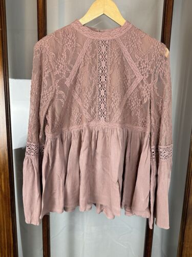 NWT American Eagle Women's Boho Lace Long Sleeve Peasant Shirt Large Pink Rose