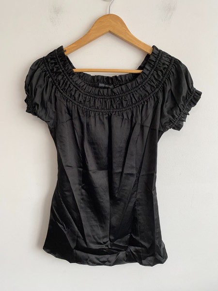 Events Blouse Womens Size 8 Black Ruched Ruffle Short Sleeve Off Shoulder Top