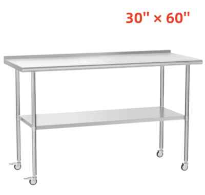 Stainless Steel Table Prep  Work with Backsplash & Casters 30'' x 60'' Restaurant