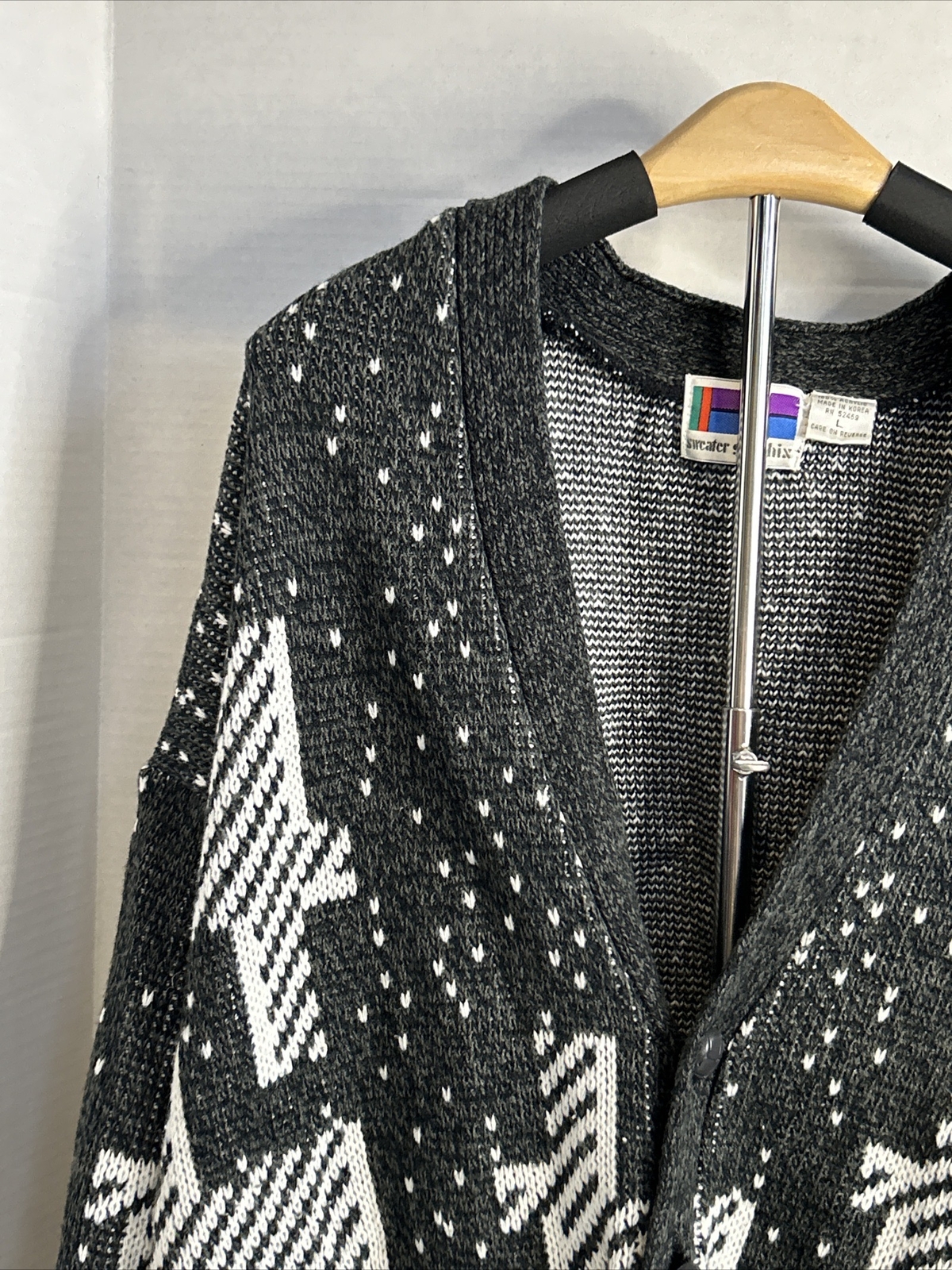 Vintage Mens Graphix Cardigan Sweater Large Gray Blac… Gem