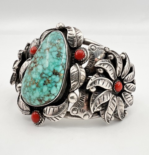 Vtg Navajo Sterling Silver Carico lake Turquoise Coral Flower Cuff Bracelet 81g - Picture 2 of 11