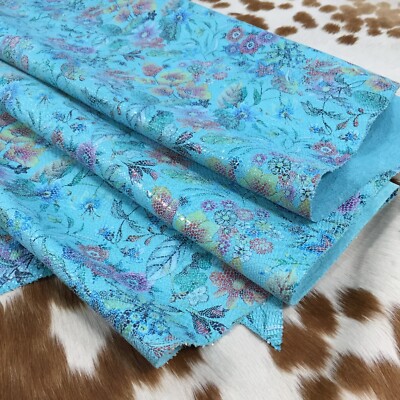 Blue Snake Floral Embossed Cow Leather Sold and Cut by the Square Foot