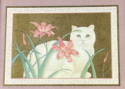 Elizabeth Kitt 版画 Obsession IX 1987 1985 Litho Print Elizabeth Brownd White Cat with Lilies Flowers