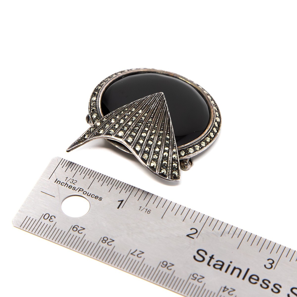 Vtg SHA Art Deco Style 925 Silver Black Onyx Marcasite