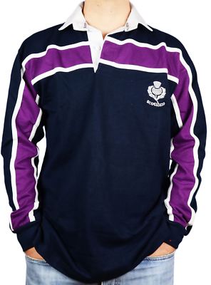 Scottish Gents Rugby Shirt Purple Stripe Long Sleeve Navy Size Small