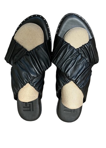 LF/LIFE SANDALO IN PELLE CON CINTURINO INCROCIATO PIATTO BORCHIATO MISURA 7,5 - Nero NUOVO! Brasile