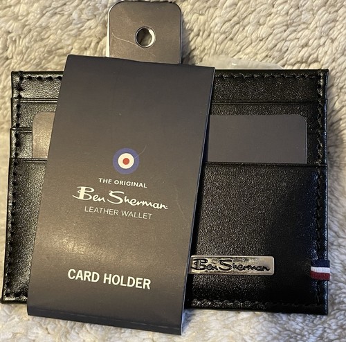 Ben Sherman Mens Black Leather Slim Card Holder With Metal Branded Badge BNWT