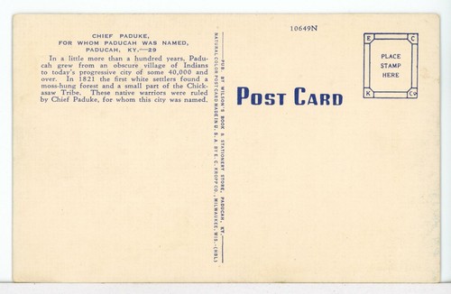 Statue of CHIEF PADUKE, For Whom Paducah KY was Named 1930 - 1945 Postcard - 第 2/2 張圖片